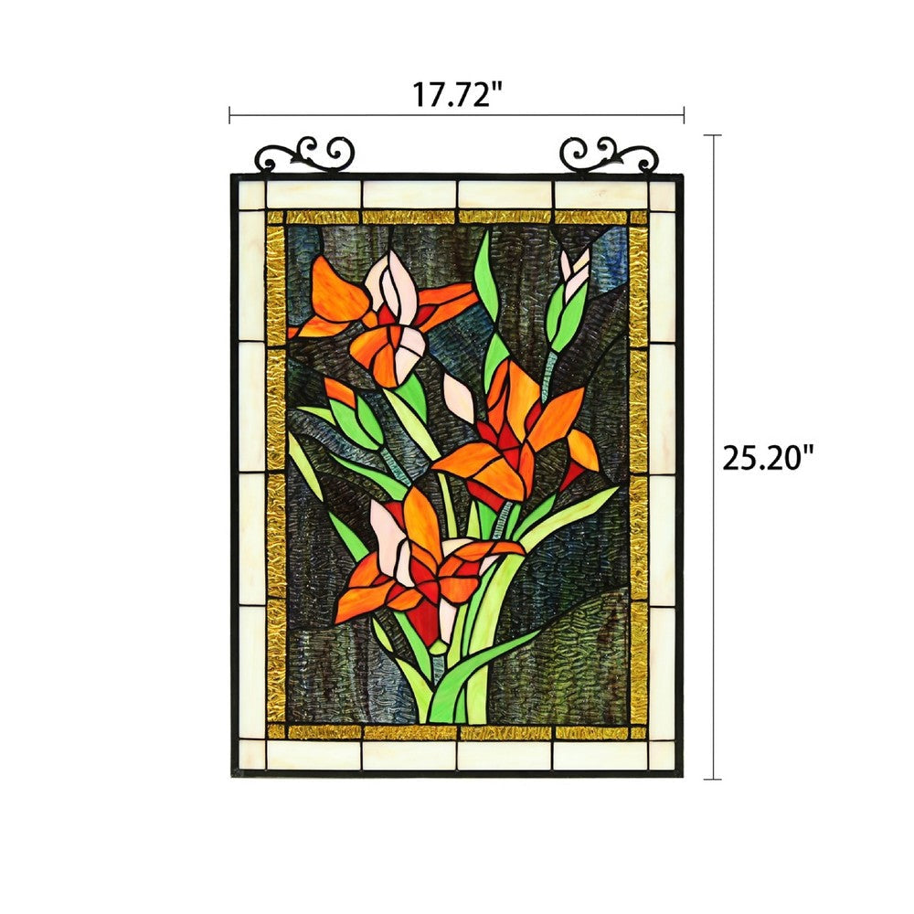 CHLOE Lighting ORANGE LILY Floral Tiffany-Style Stained Glass Verical Hanging Window Panel 24’’ Tall CHL-CH8P031OF23-VRT