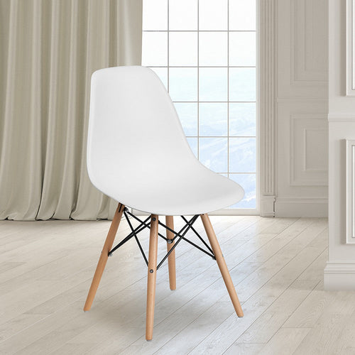 Elon Series White Plastic Chair with Wood Base FLH-FH-130-DPP-WH-GG