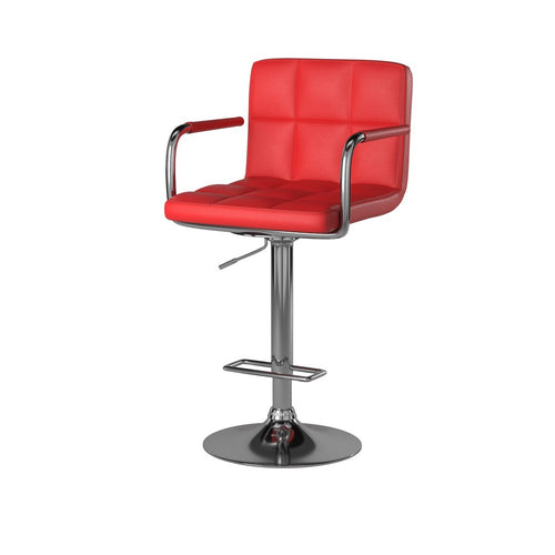 Barstool | Swivel | Square Stitched Faux Leather | Red Silver