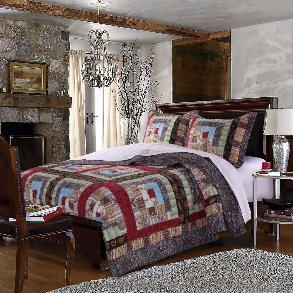 Thames 3 Piece King Size Cotton Quilt Set | Log Cabin Pattern | Multicolor