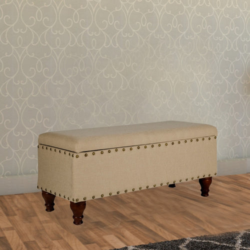 Storage Bench | Fabric Upholstered | Nailhead Trim | Tan Brown | Large