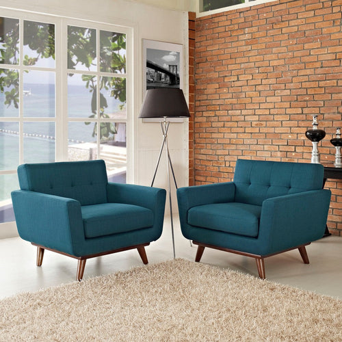 Modway Engage Mid-Century Modern Upholstered Leather Two Armchair Set in Azure
