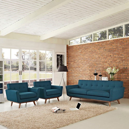 Modway Engage Mid-Century Modern Upholstered Azure, Two Armchairs and Sofa