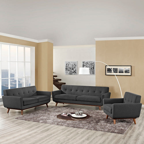 Modway Engage Mid-Century Modern Upholstered Fabric Sofa, Loveseat and Armchair in Gray
