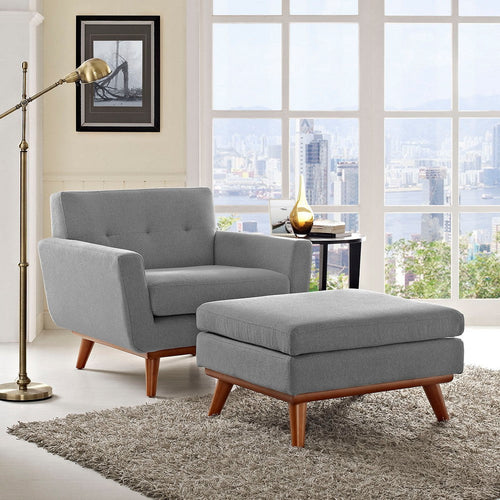Modway Engage Mid-Century Modern Upholstered Fabric Accent Armchair and Ottoman in Expectation Gray