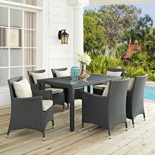 Modway Sojourn Wicker Rattan Aluminum Outdoor Patio 7-Piece 59" Glass Dining Table and Patio Dining Armchairs with Sunbrella® Fabric Cushions Set in Antique Canvas Beige