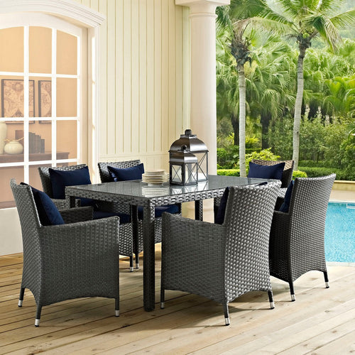 Modway Sojourn Wicker Rattan Aluminum Outdoor Patio 7-Piece 59" Glass Dining Table and Patio Dining Armchairs with Sunbrella® Fabric Cushions Set in Canvas Navy