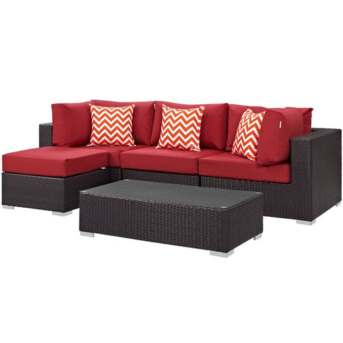 Modway Convene Wicker Rattan 5-Piece Outdoor Patio Sectional Sofa Furniture Set in Espresso Red