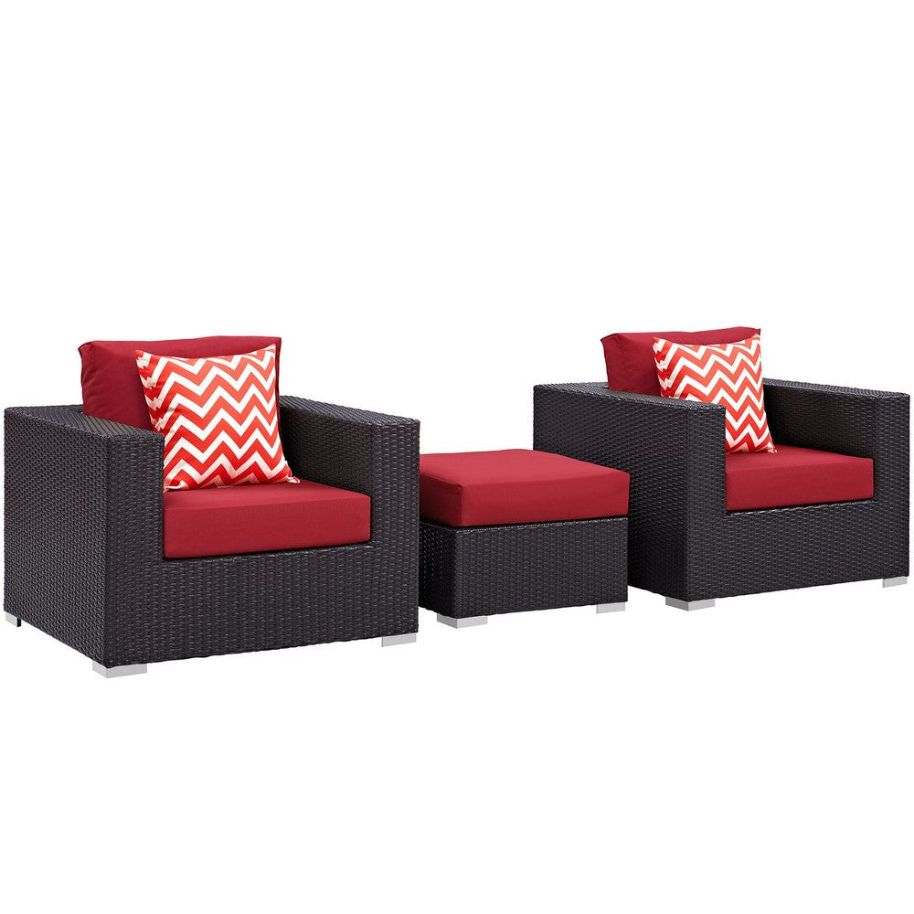 Modway Convene Wicker Rattan 3-Piece Outdoor Patio Furniture Set in Espresso Red
