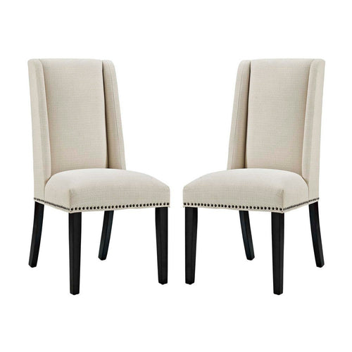 Modway Baron Modern Tall Back Wood Upholstered Fabric Two Dining Chairs in Beige