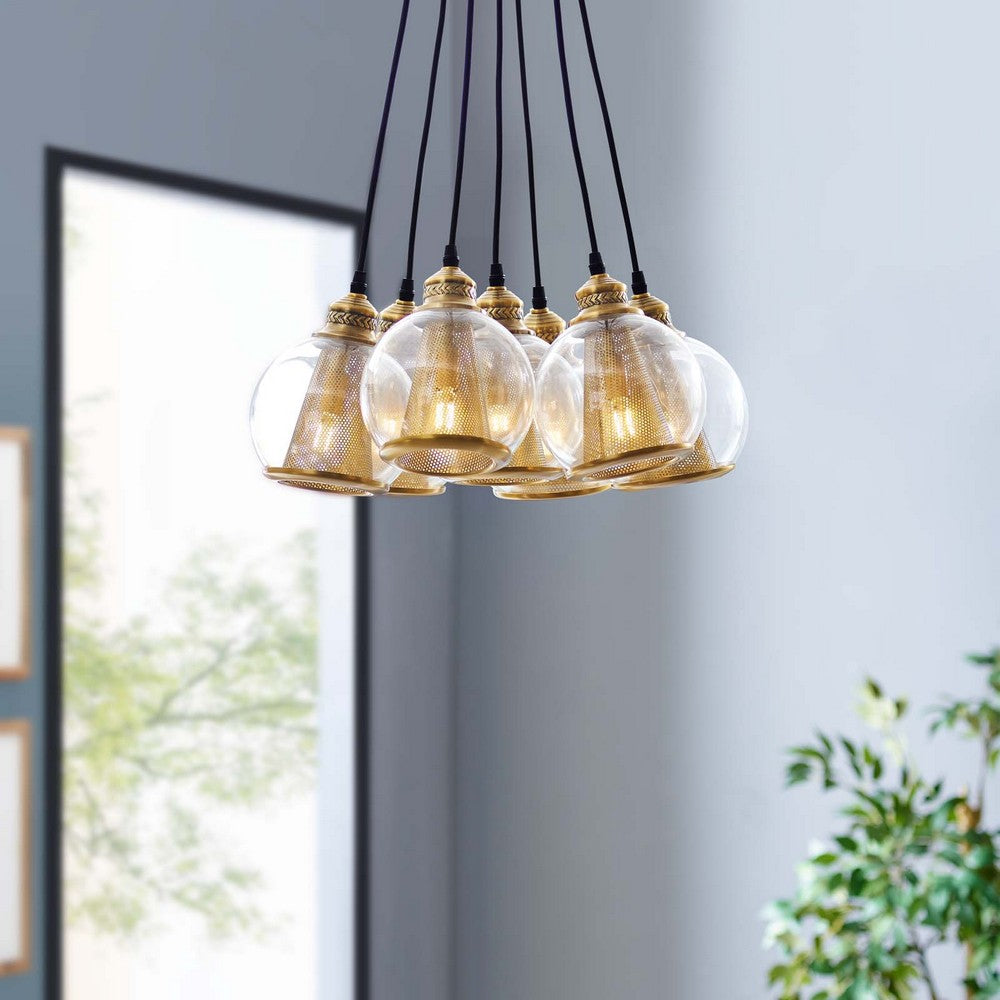Peak Brass Cone and Glass Globe Cluster Pendant Chandelier by Modway| Yellow