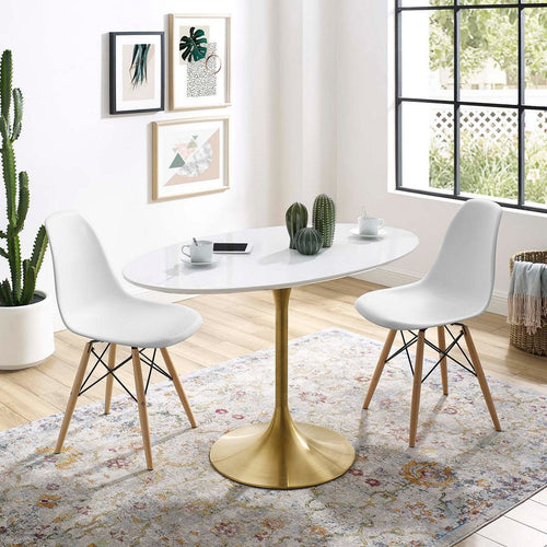 Modway Lippa 48" Oval-Shaped Mid-Century Modern Dining Table with White Wood Top and Gold Base