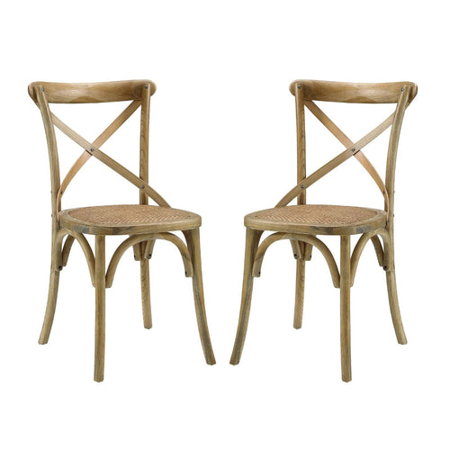 Modway Gear Rustic Modern Farmhouse Elm Wood Rattan Two Dining Chairs in Natural