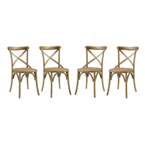 Modway Gear Rustic Modern Farmhouse Elm Wood Rattan Four Dining Chairs in Natural