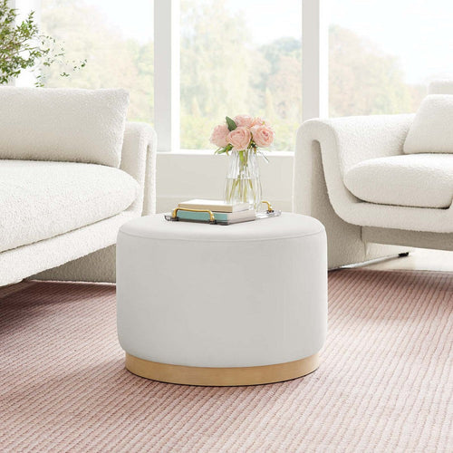 Modway Tilden 23 Inch Round Performance Velvet Upholstered Ottoman in Alabaster Natural - Round Ottoman Foot Rest with Rubberwood Plinth Base - Living Room Ottoman Side Table or Ottoman Coffee Table