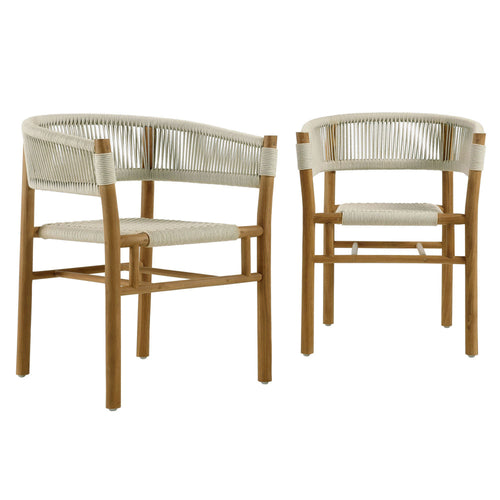 Modway Vienna Outdoor Patio Teak Wood Dining Armchairs with Curved Back Set of 2 in Natural Natural – Weather-Resistant Woven Rope Patio Chairs – Stackable Outdoor Accent Chairs for Backyard, Garden