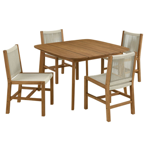 Modway Vienna Outdoor Patio Teak Wood 5-Piece Dining Set in Natural Natural – Weather-Resistant Dining Table with Rounded Corners and Armless Chairs – Backyard Garden Table and Chair Set for 4