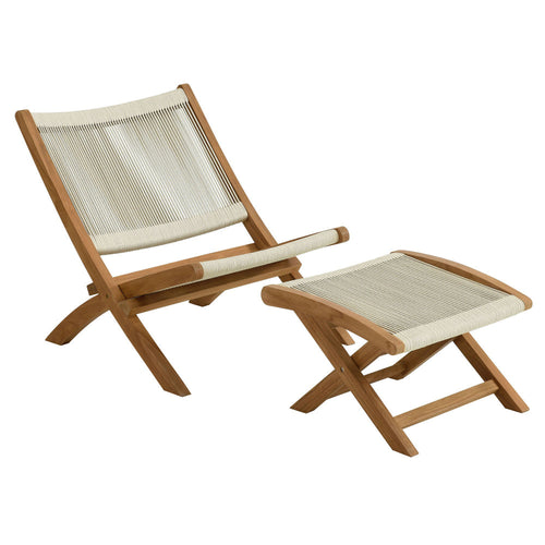 Modway Vienna Outdoor Patio Teak Wood 2-Piece Folding Chair and Ottoman Set in Natural Natural