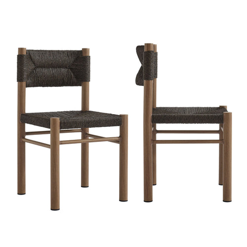 Modway Parkland Outdoor Wicker Dining Chairs Set of 2 in Walnut — Armless Rattan Patio Chairs with Aluminum Frame — All-Weather Outdoor Accent Side Chairs for Backyard, Porch, or Balcony