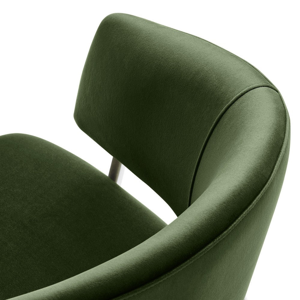 Modway Nella Performance Velvet Barrel Dining Chairs Set of 2 in Moss Green Silver - Velvet Retro Club Kitchen Chairs with Metal Legs - Mid