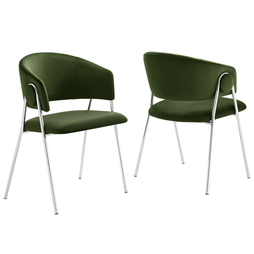 Modway Nella Performance Velvet Barrel Dining Chairs Set of 2 in Moss Green Silver - Velvet Retro Club Kitchen Chairs with Metal Legs - Mid Century Modern Living Room Accent Armchairs