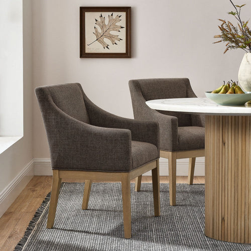 Modway Alton Upholstered Dining Chair with Arms in Mocha Natural – Mid Century Modern Padded Kitchen Chair with Wood Legs – Fabric Accent Chair or Dining Room Arm Chair