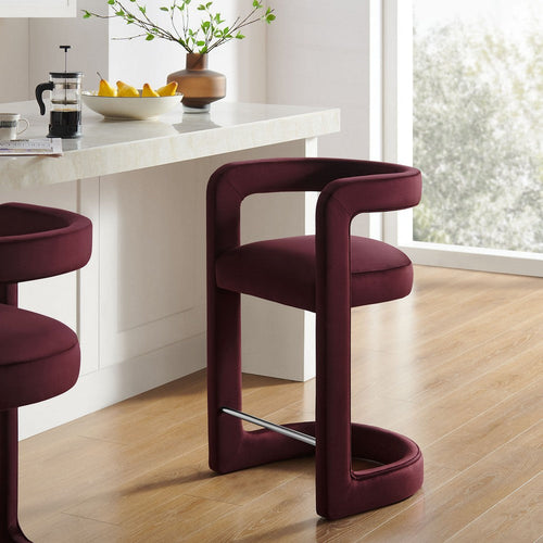 Modway Winslow Performance Velvet Counter Stool with Stainless Steel Footrest in Mulberry