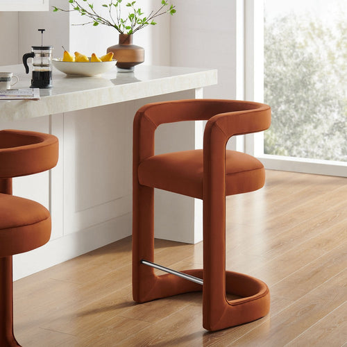 Modway Winslow Performance Velvet Counter Stool with Stainless Steel Footrest in Rust