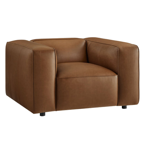 Modway Auren Vegan Leather Modular Armchair in Coffee - Faux Leather Club Chair - Mid Century Modern Single Sofa Chair - Oversized PU Leather Accent Chair for Living Room or Apartment