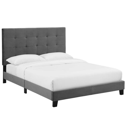 Melanie Tufted Button Upholstered Performance Velvet Queen Platform Bed by Modway| Gray