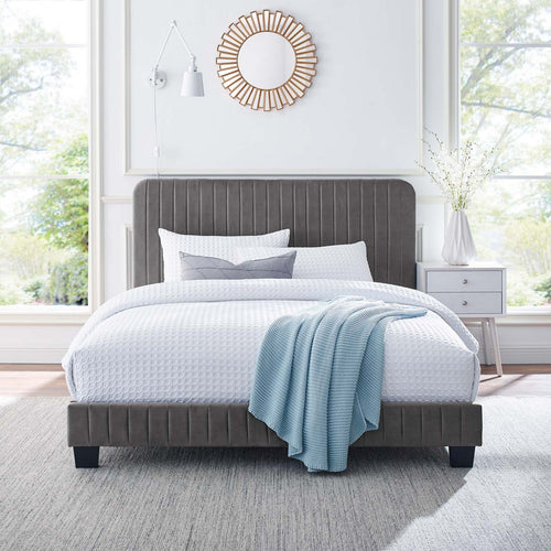 Celine Channel Tufted Performance Velvet Twin Platform Bed by Modway| Gray