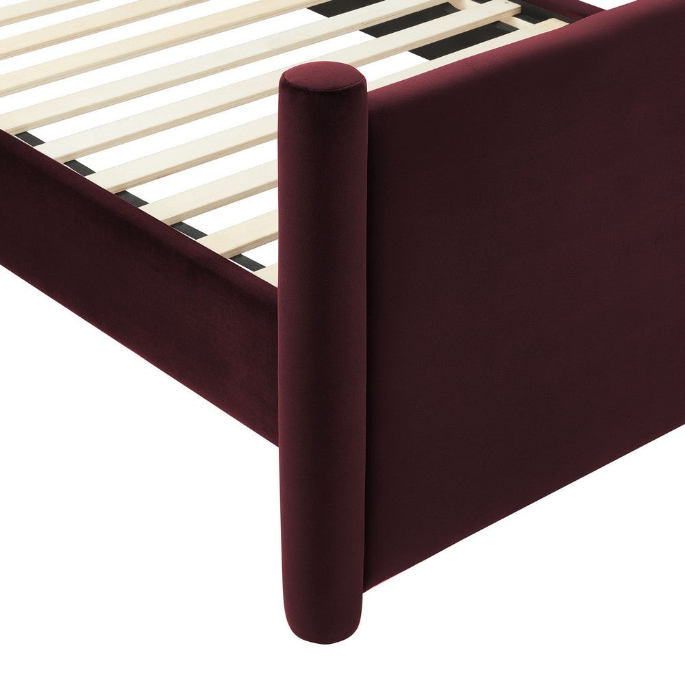 Modway Rael Twin Platform Bed Frame with Upholstered Headboard and Footboard in Mulberry – Stain-Resistant Performance Velvet Twin Size Bed