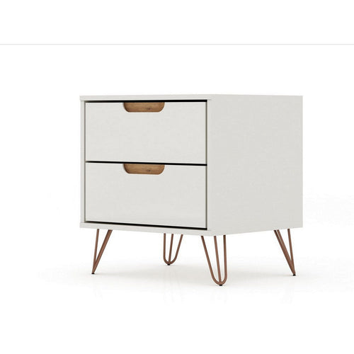 Rockefeller 2.0 Mid-Century- Modern Nightstand with 2-Drawer in Off White and Nature