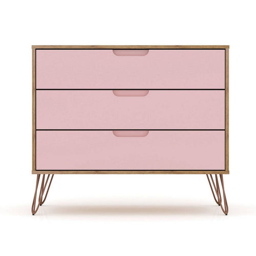 Rockefeller Mid-Century- Modern Dresser with 3- Drawers in Nature and Rose Pink