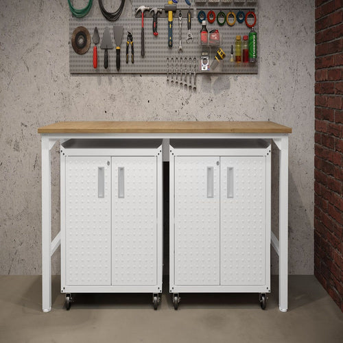 3-Piece Fortress Mobile Space-Saving Steel Garage Cabinet and Worktable 1.0 in White