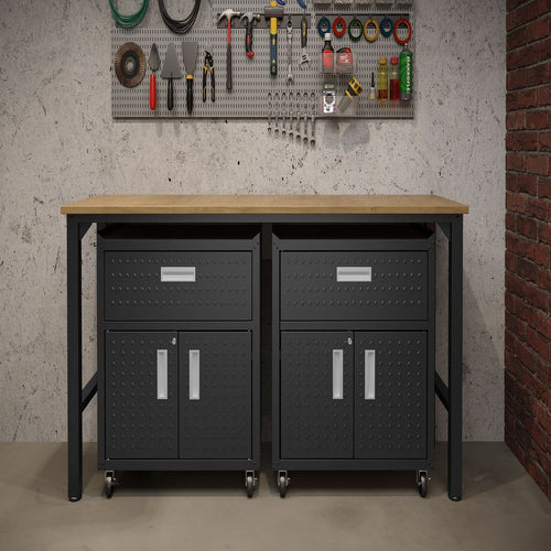 3-Piece Fortress Mobile Space-Saving Steel Garage Cabinet and Worktable 4.0 in Charcoal Grey