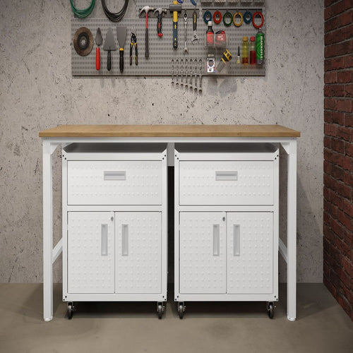 3-Piece Fortress Mobile Space-Saving Steel Garage Cabinet and Worktable 4.0 in White