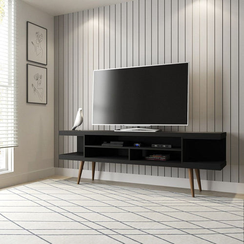 Utopia 70.47" TV Stand with Splayed Wooden Legs and 4 Shelves in Black