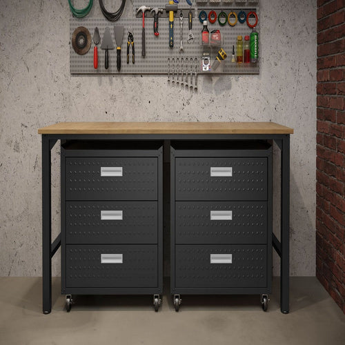 3-Piece Fortress Mobile Space-Saving Steel Garage Cabinet Chests and Worktable 6.0 in Charcoal Grey