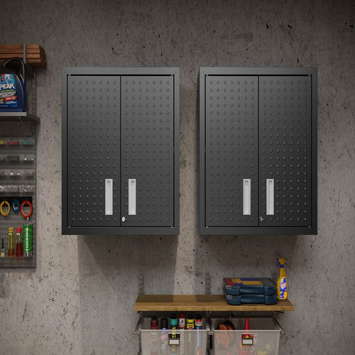 Fortress 30" Floating Textured Metal Garage Cabinet with Adjustable Shelves in Charcoal Grey - Set of 2