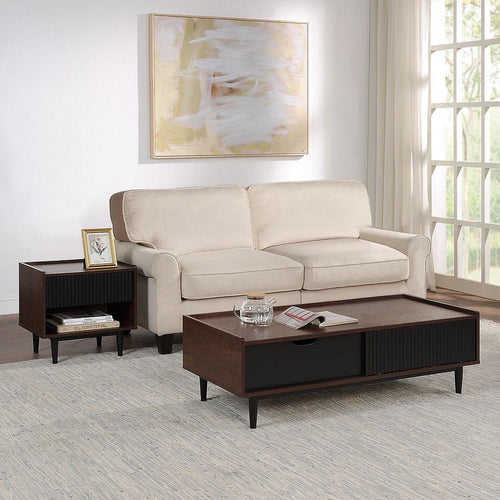 Duane Modern Ribbed End Table and Coffee Table in Dark Brown and Black