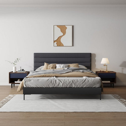 Duane Modern Ribbed Nightstand with Full Extension Drawer in Dark Brown and Navy Blue- Set of 2