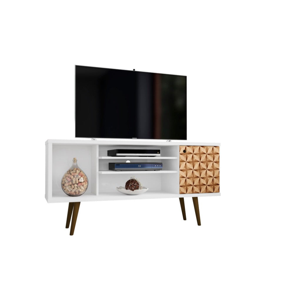 53.14" Mid Century - Modern TV Stand with 5 Shelves and 1 Door, White and Brown