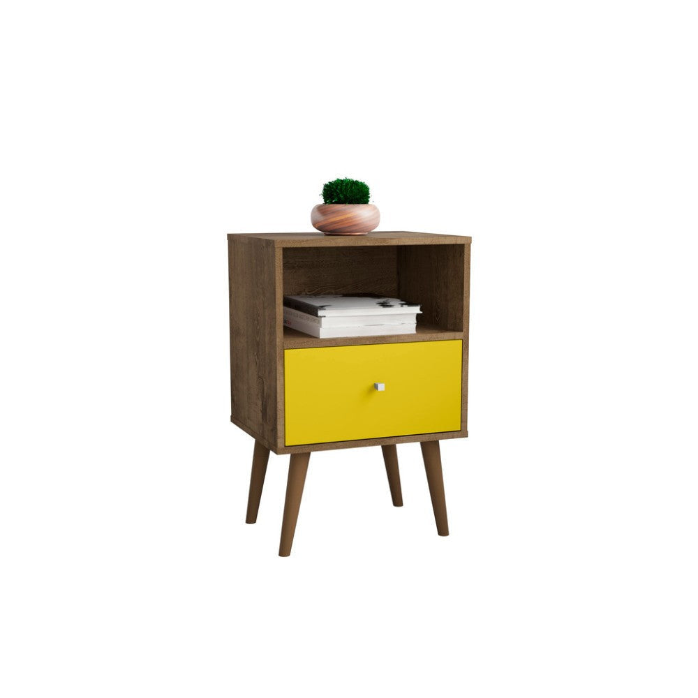 Mid Century - Modern Nightstand 1.0 W/ 1 Cubby Space and 1 Drawer, Brown, Yellow
