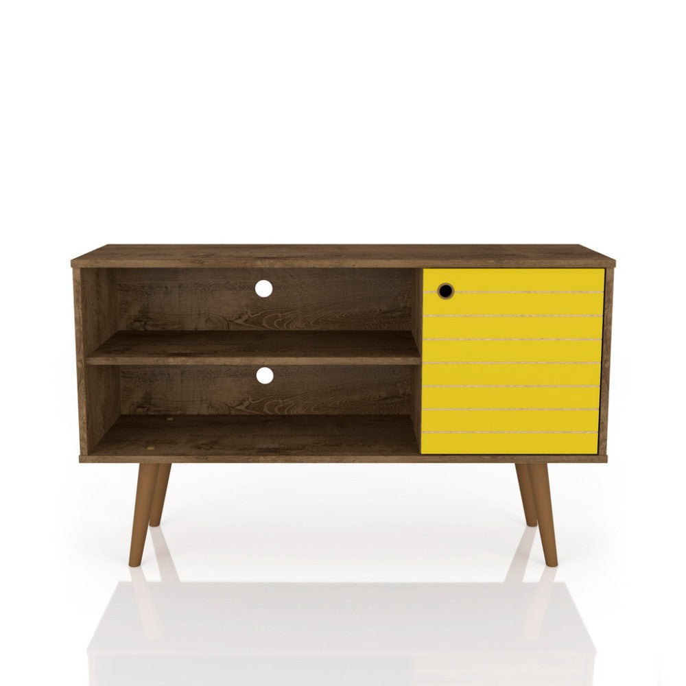 42.52" Mid Century - Modern TV Stand W/ 2 Shelves and 1 Door, Rustic Brown and Yellow