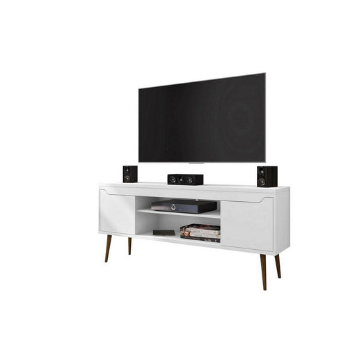 Bradley 62.99 TV Stand White with 2 Media Shelves and 2 Storage Shelves in White with Solid Wood Legs