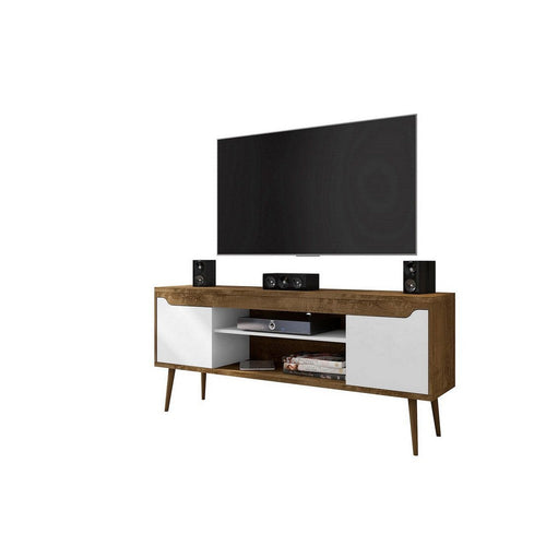 Bradley 62.99 TV Stand Rustic Brown and White with 2 Media Shelves and 2 Storage Shelves in Rustic Brown and White with Solid Wood Legs