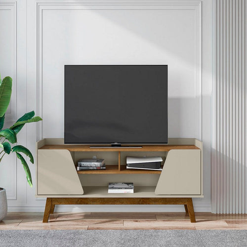 Mid-Century Modern Marcus 62.99 TV Stand with Solid Wood Legs in Greige and Nature