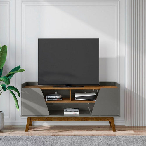 Mid-Century Modern Marcus 62.99 TV Stand with Solid Wood Legs in Grey and Nature