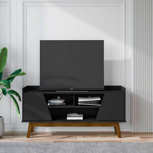 Mid-Century Modern Marcus 62.99 TV Stand with Solid Wood Legs in Matte Black